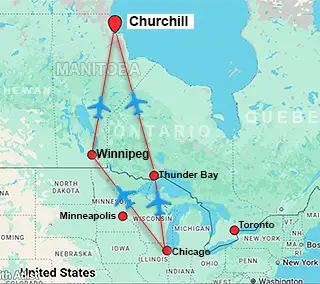 Map showing charter flight routes from Chicago to Churchill Manitoba